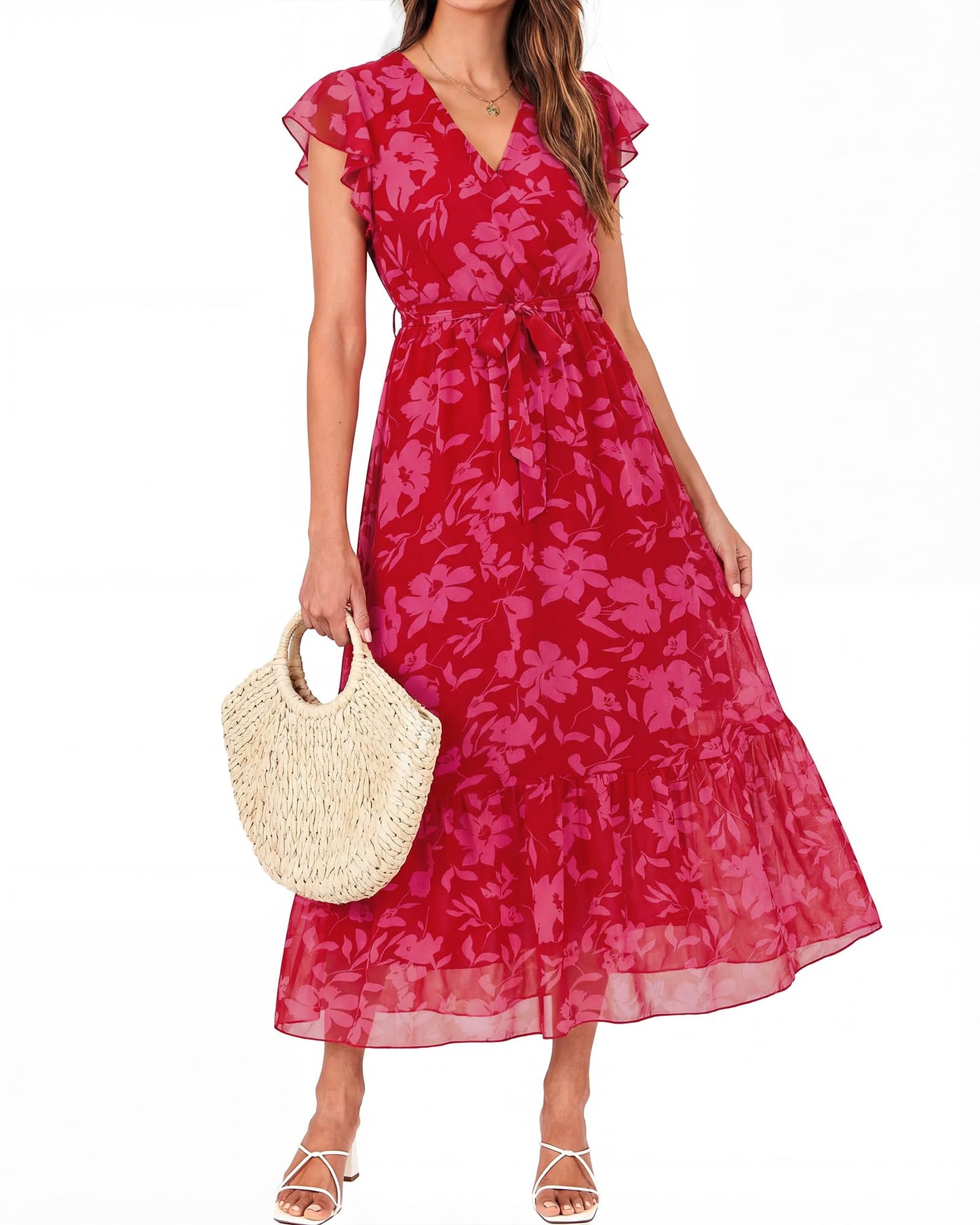 Women's Bohemian Floral Wrap V-Neck A-Line Midi Dress