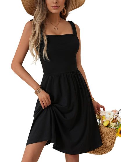 Square Neck Sleeveless A-Line Midi Sundress with Pockets