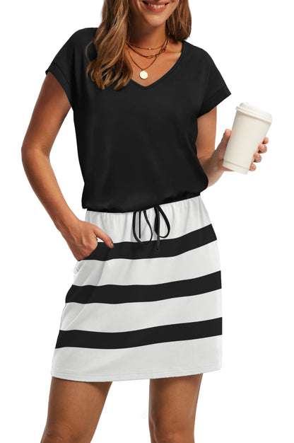 V-Neck Tie Waist Casual Mini Sundress with Pockets