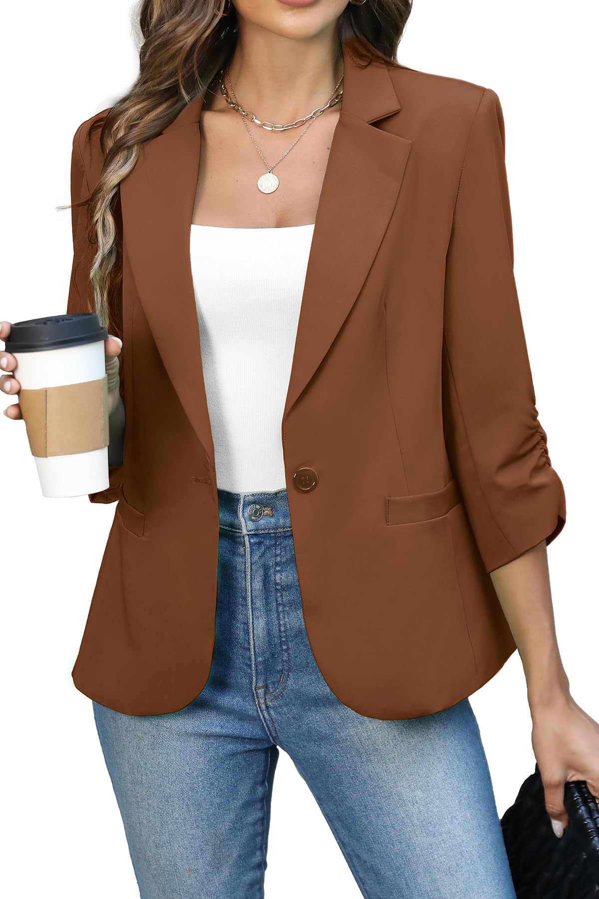 Women's Ruched 3/4 Sleeve Slim Fit Blazer Jacket