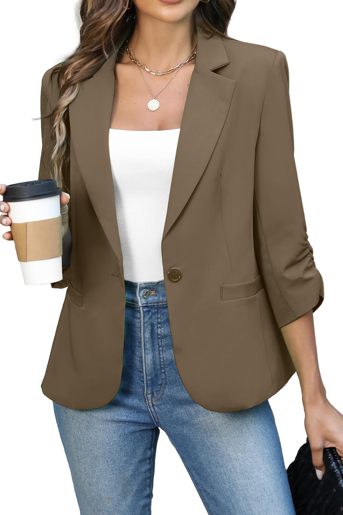 Women's Ruched 3/4 Sleeve Slim Fit Blazer Jacket
