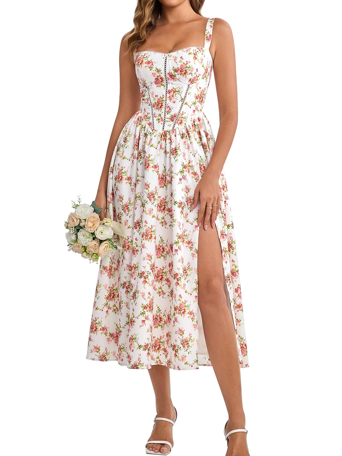 Women's Floral Corset Midi Dress with Slit and Pockets