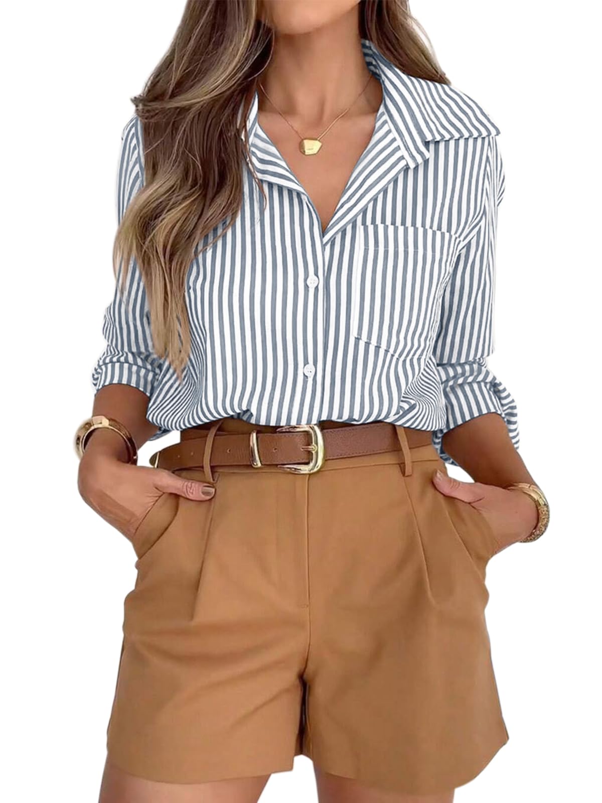 Striped Button-Down Long Sleeve Collared Work Shirt