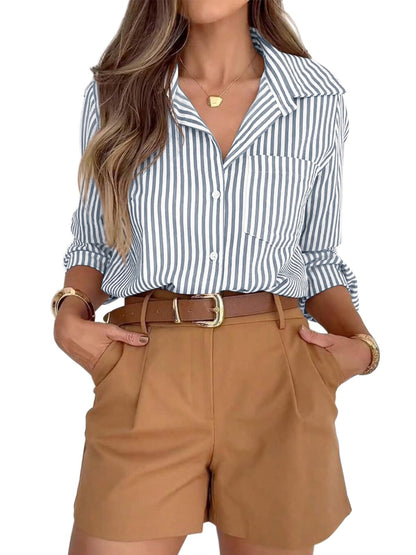 Striped Button-Down Long Sleeve Collared Work Shirt