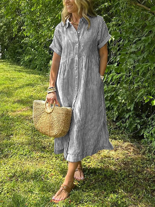 Striped Button-Down Short Sleeve Midi Shirt Dress