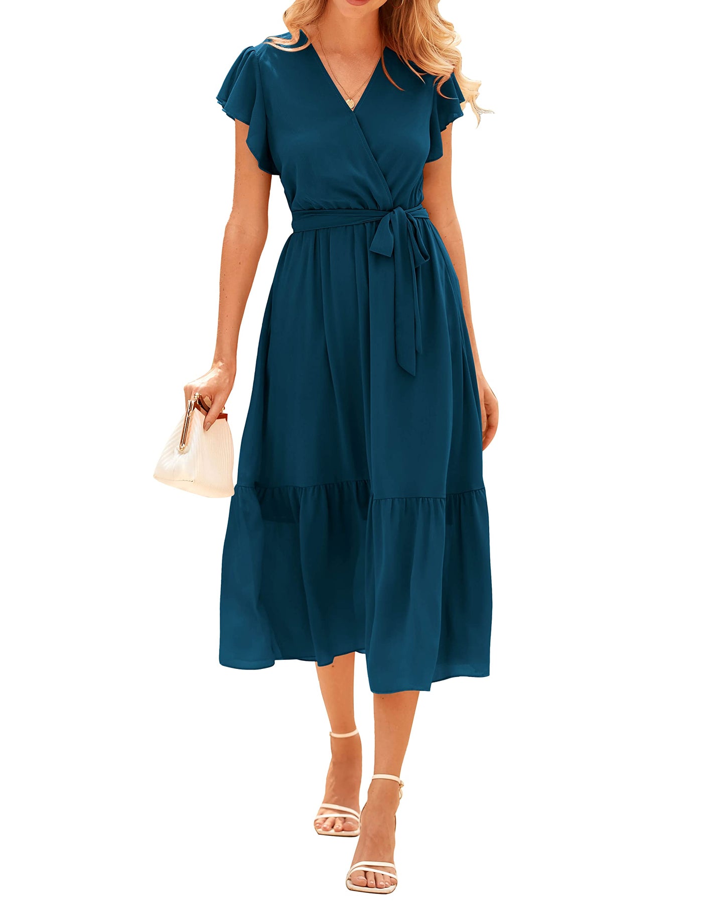 Women's Bohemian Floral Wrap V-Neck A-Line Midi Dress