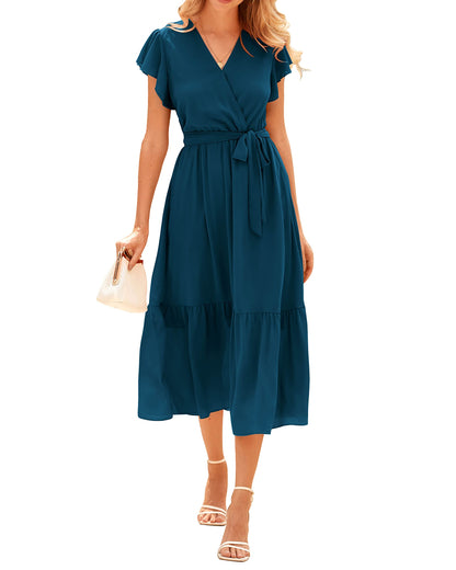 Women's Bohemian Floral Wrap V-Neck A-Line Midi Dress