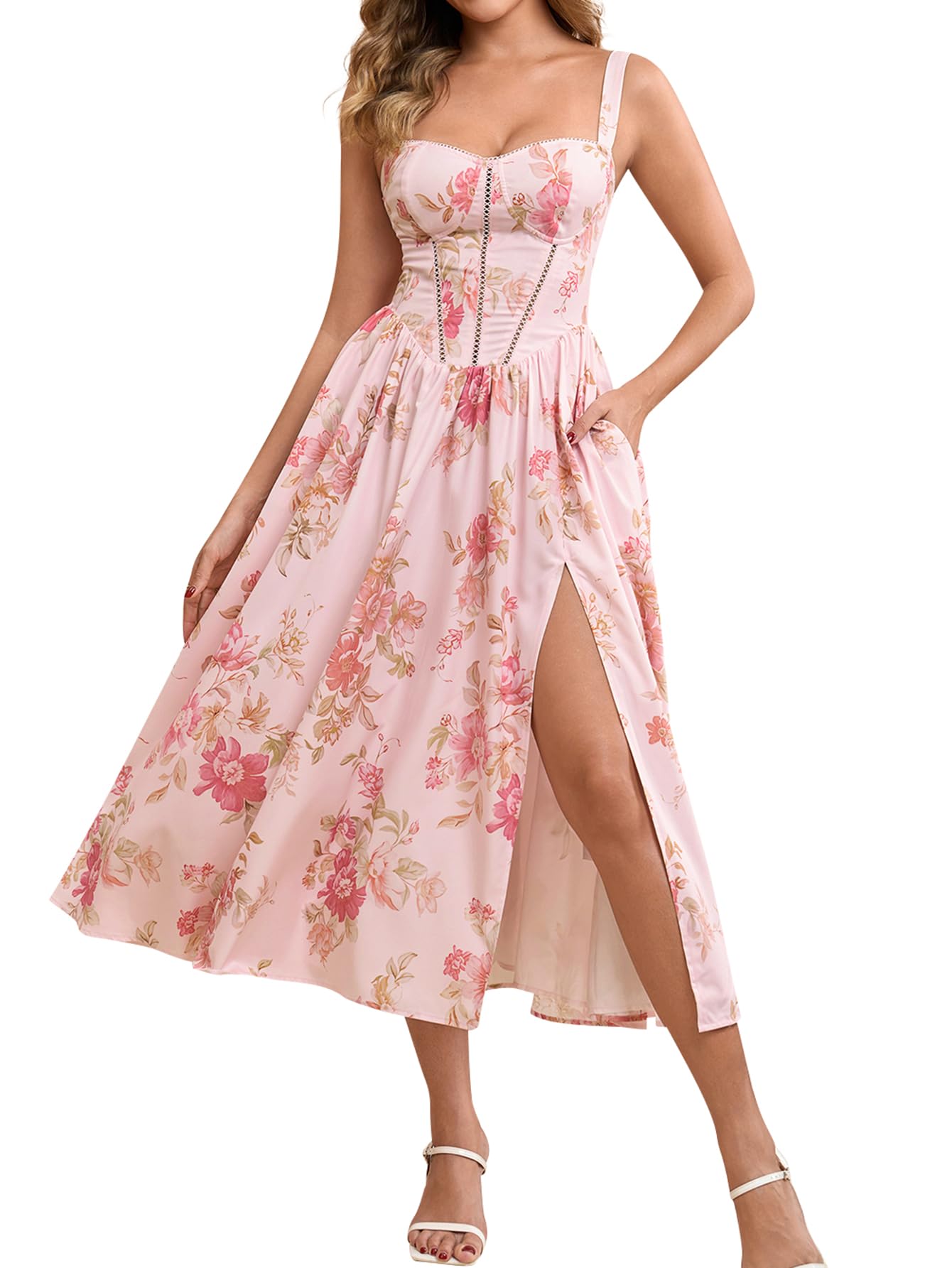 Women's Floral Corset Midi Dress with Slit and Pockets