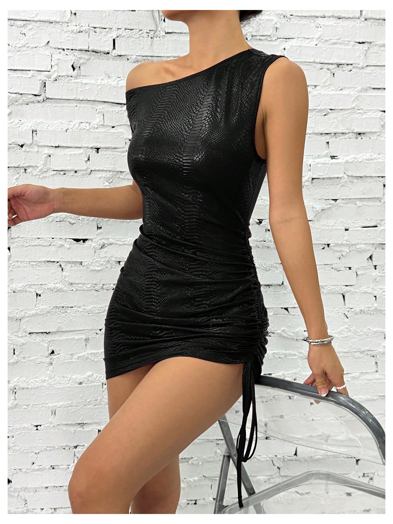Women's Off-Shoulder Ruched PU Leather Mini Dress