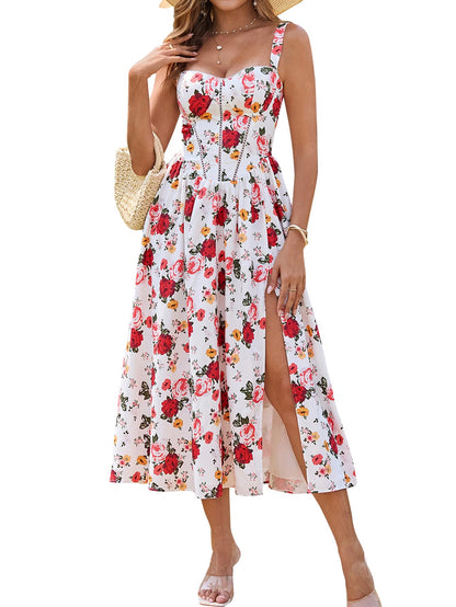 Women's Floral Corset Midi Dress with Slit and Pockets