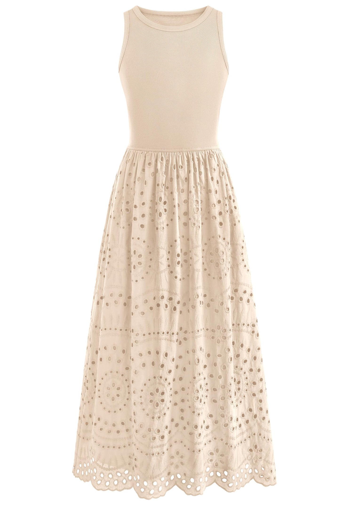 Sleeveless Crewneck Lace Eyelet Cotton Maxi Dress with Pockets
