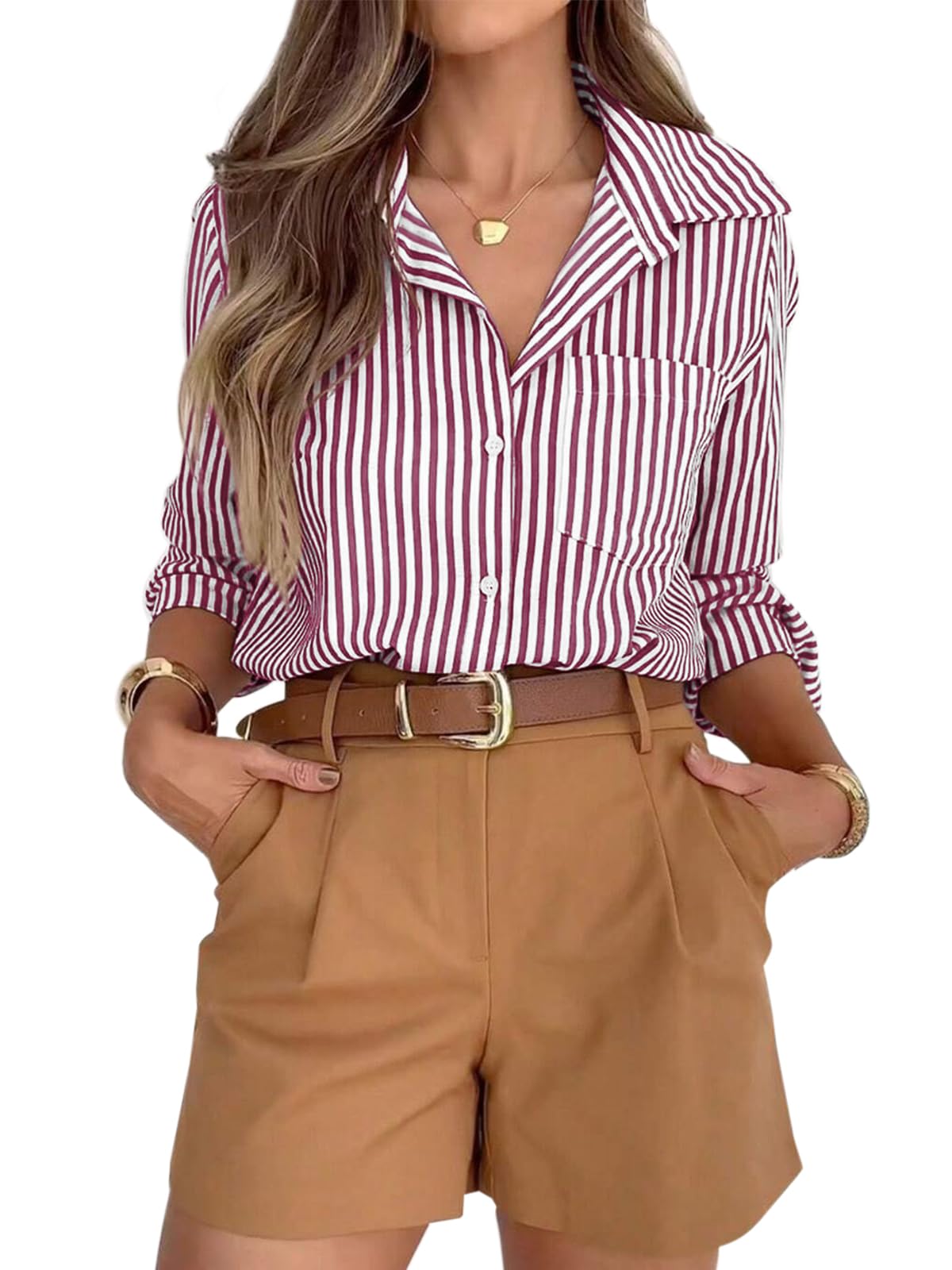 Striped Button-Down Long Sleeve Collared Work Shirt