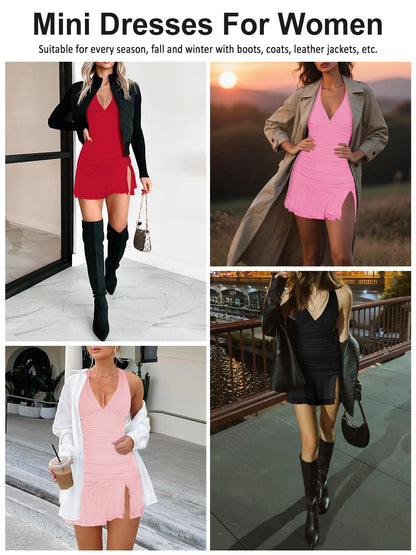 Women's Halter Deep V Ruched Bodycon Mini Dress with Slit