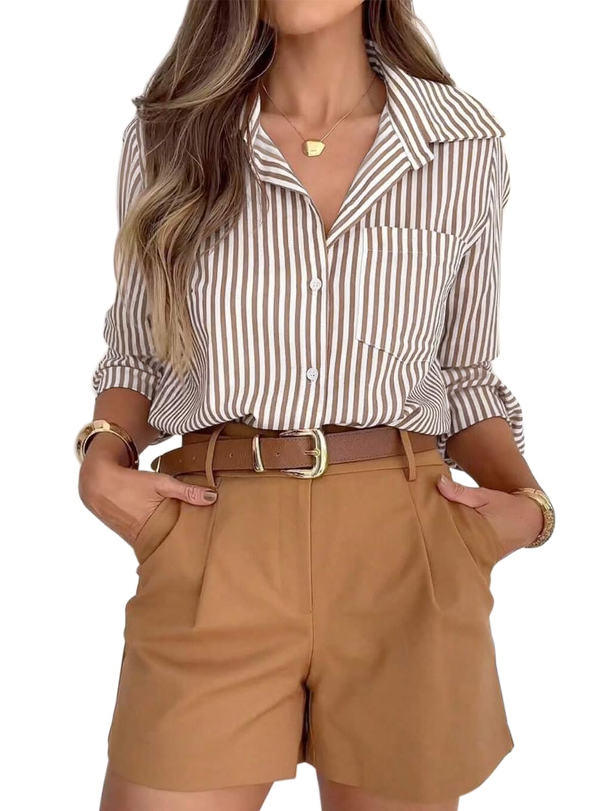 Striped Button-Down Long Sleeve Collared Work Shirt
