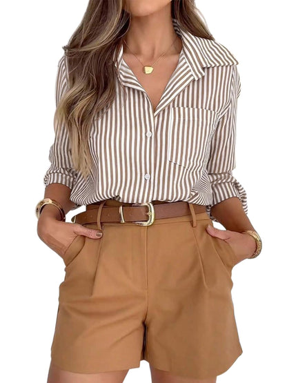 Striped Button-Down Long Sleeve Collared Work Shirt
