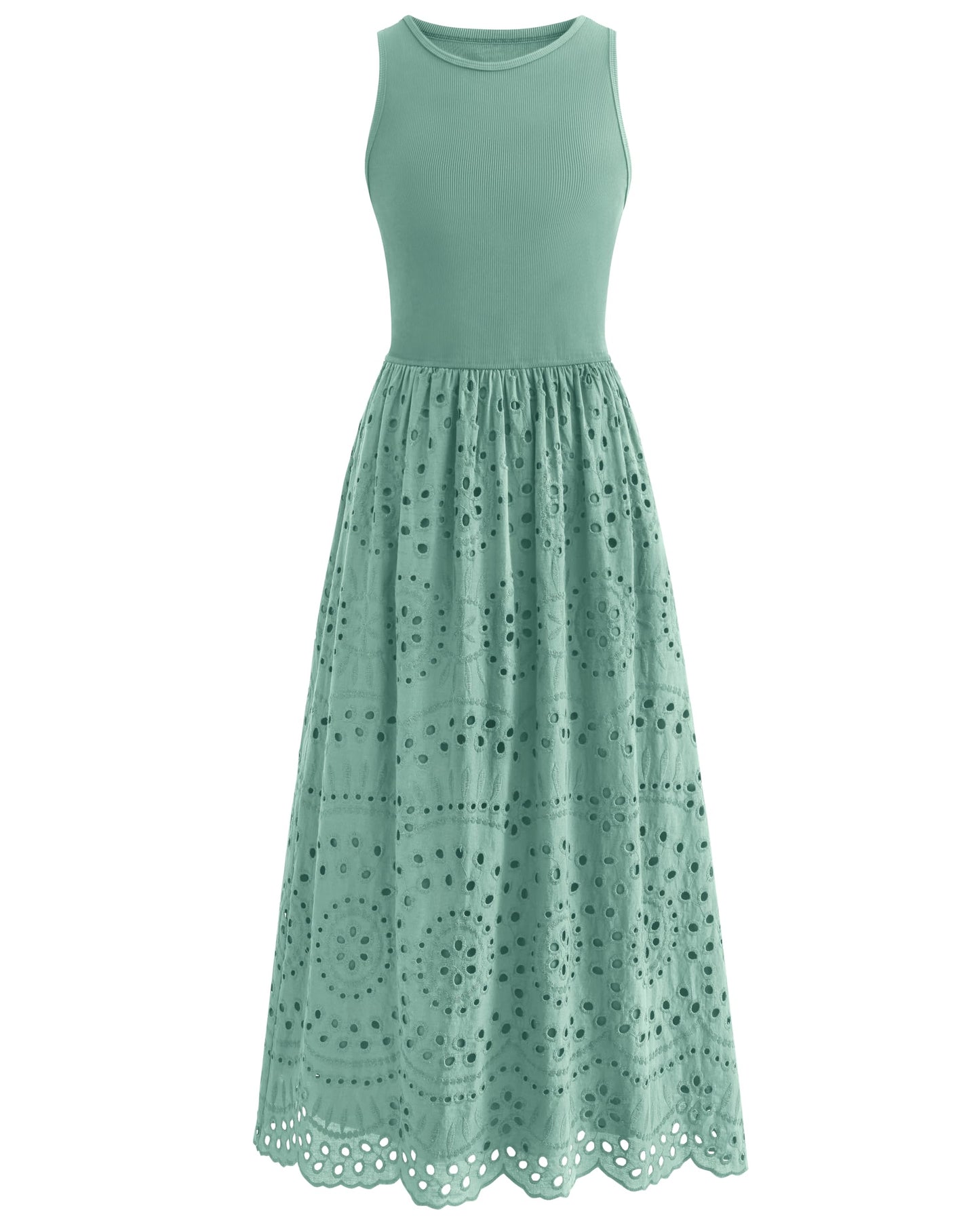 Sleeveless Crewneck Lace Eyelet Cotton Maxi Dress with Pockets