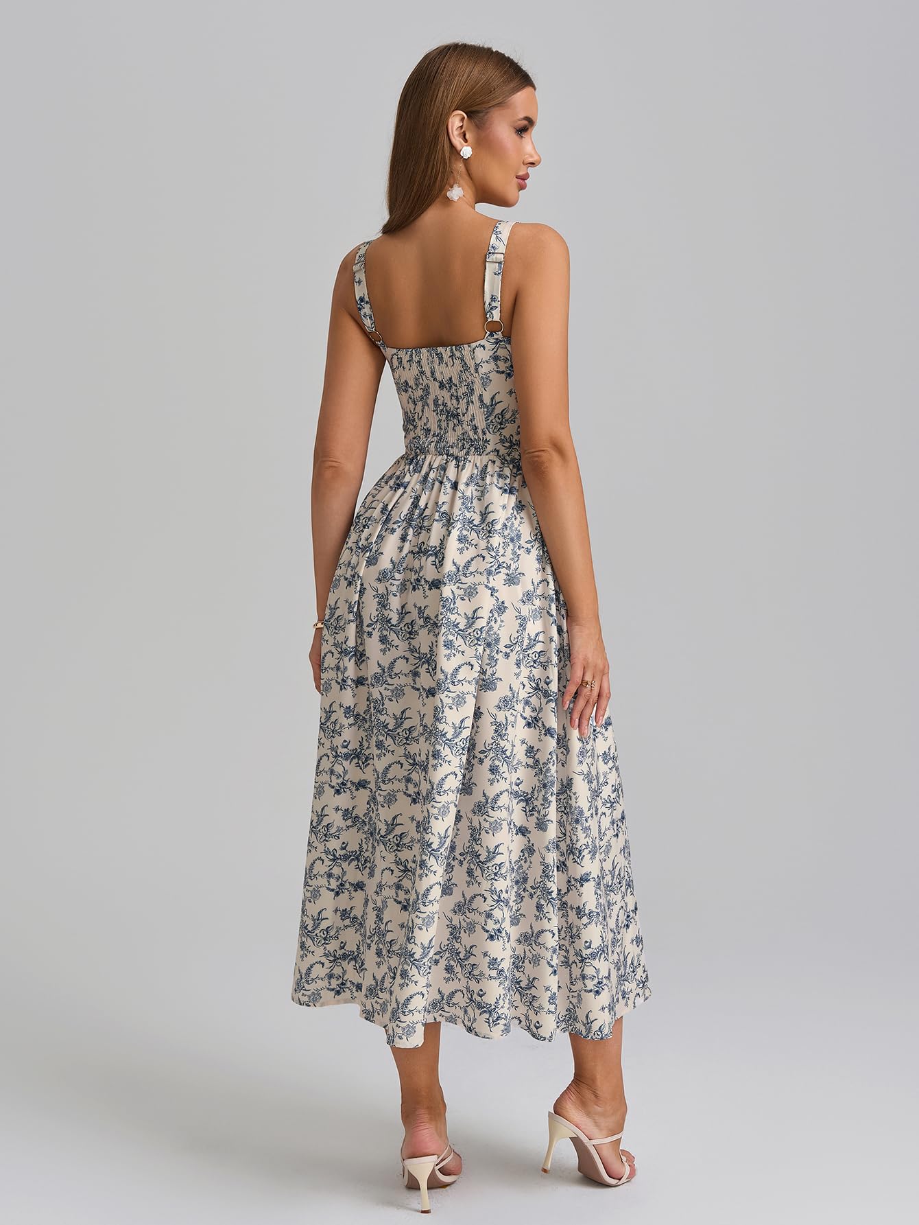 Women's Floral Corset Midi Dress with Slit and Pockets