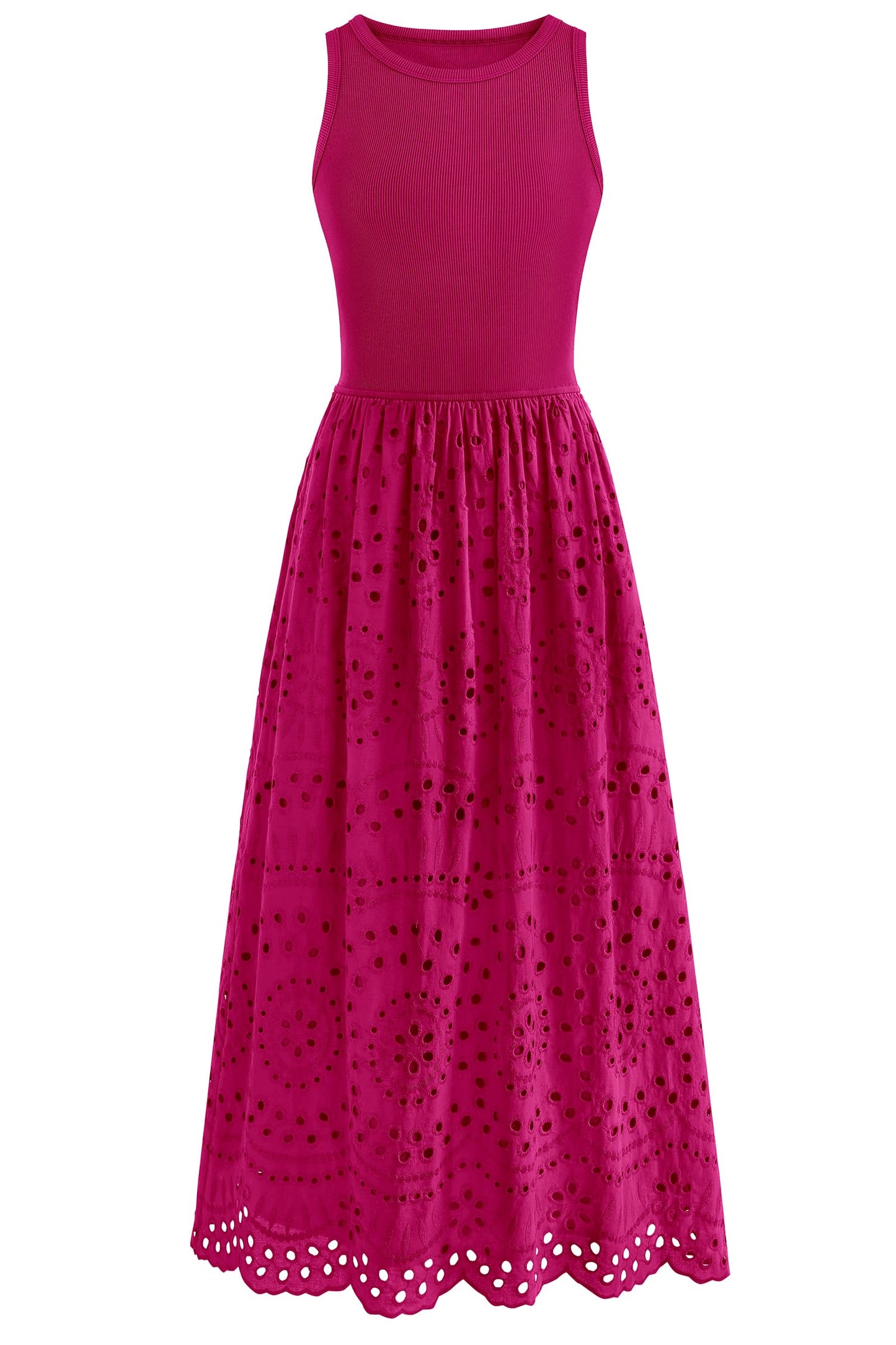 Sleeveless Crewneck Lace Eyelet Cotton Maxi Dress with Pockets