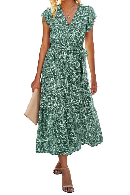 Women's Bohemian Floral Wrap V-Neck A-Line Midi Dress