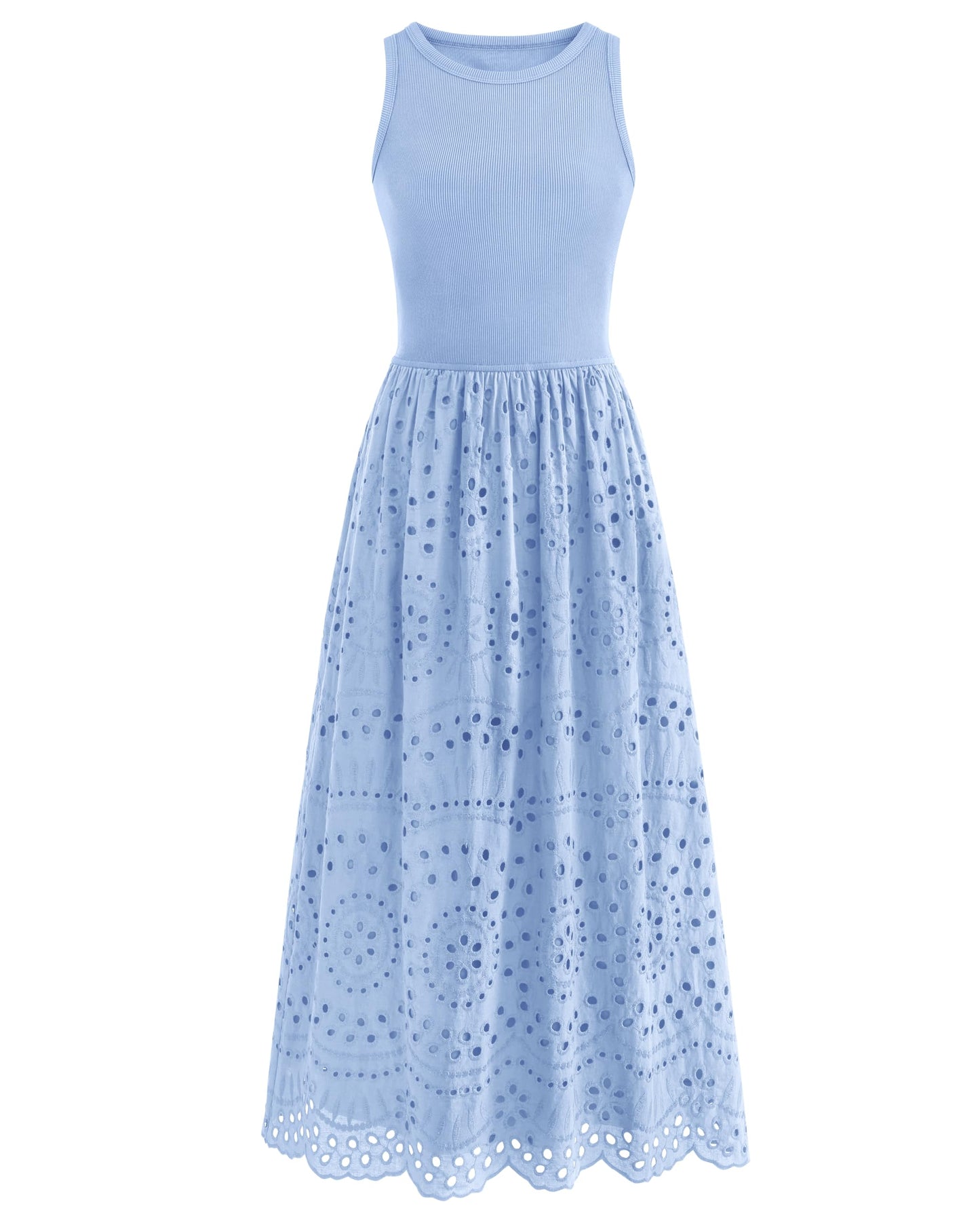 Sleeveless Crewneck Lace Eyelet Cotton Maxi Dress with Pockets