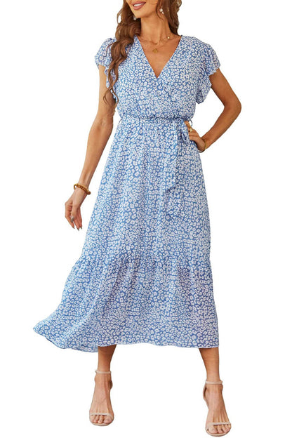 Women's Floral Wrap V-Neck Ruffle Boho Maxi Dress