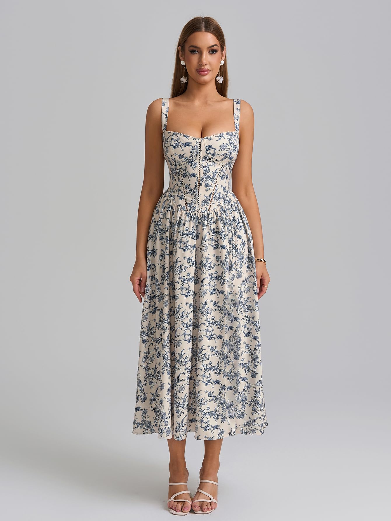 Women's Floral Corset Midi Dress with Slit and Pockets