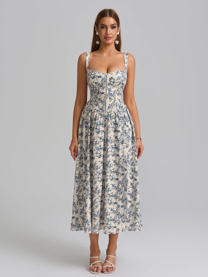 Women's Floral Corset Midi Dress with Slit and Pockets