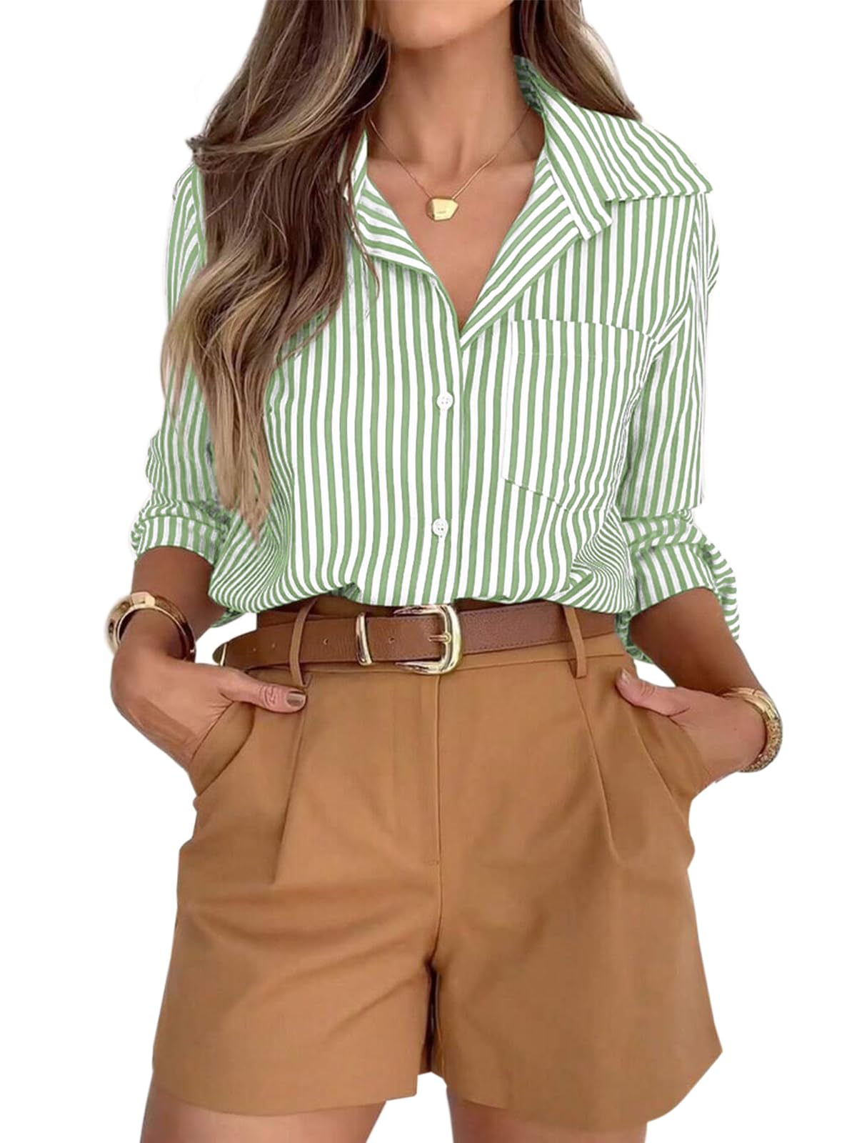 Striped Button-Down Long Sleeve Collared Work Shirt