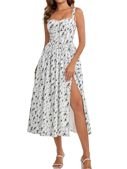 Women's Floral Corset Midi Dress with Slit and Pockets