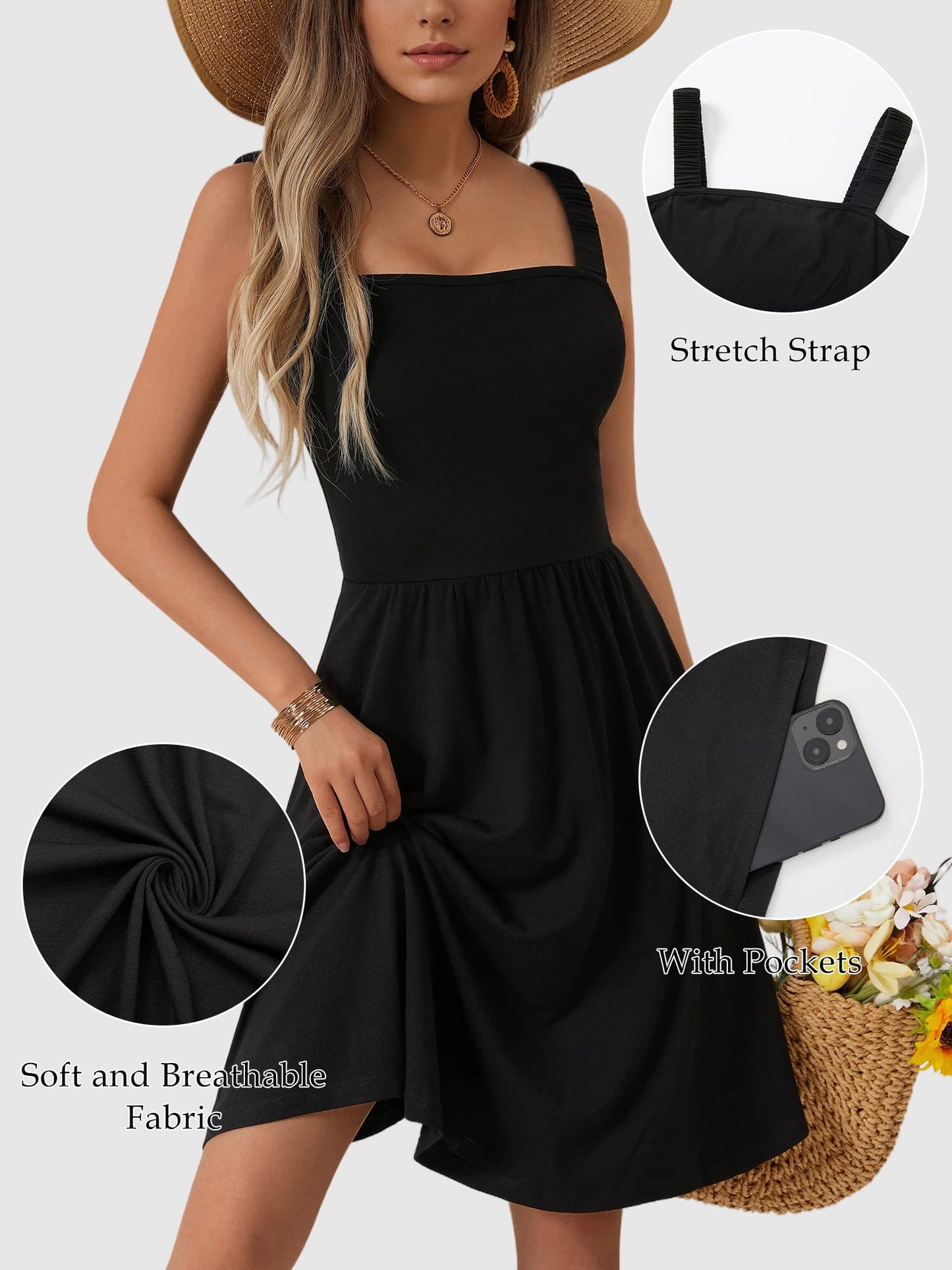 Square Neck Sleeveless A-Line Midi Sundress with Pockets