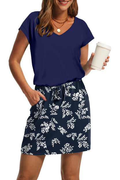 V-Neck Tie Waist Casual Mini Sundress with Pockets
