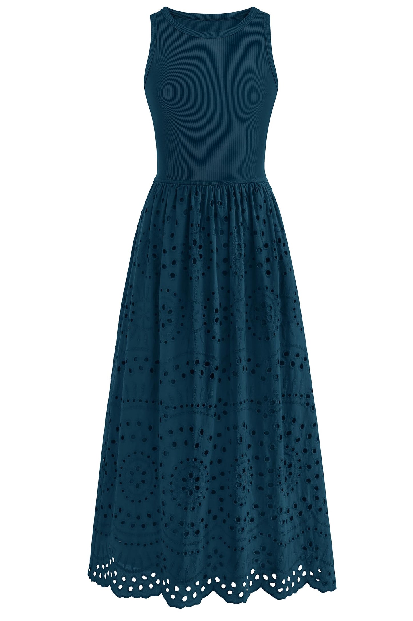 Sleeveless Crewneck Lace Eyelet Cotton Maxi Dress with Pockets