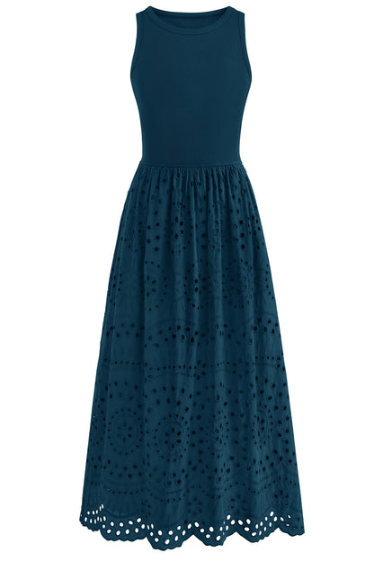 Sleeveless Crewneck Lace Eyelet Cotton Maxi Dress with Pockets