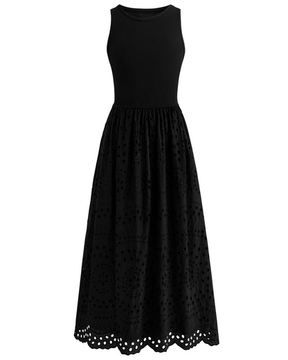 Sleeveless Crewneck Lace Eyelet Cotton Maxi Dress with Pockets