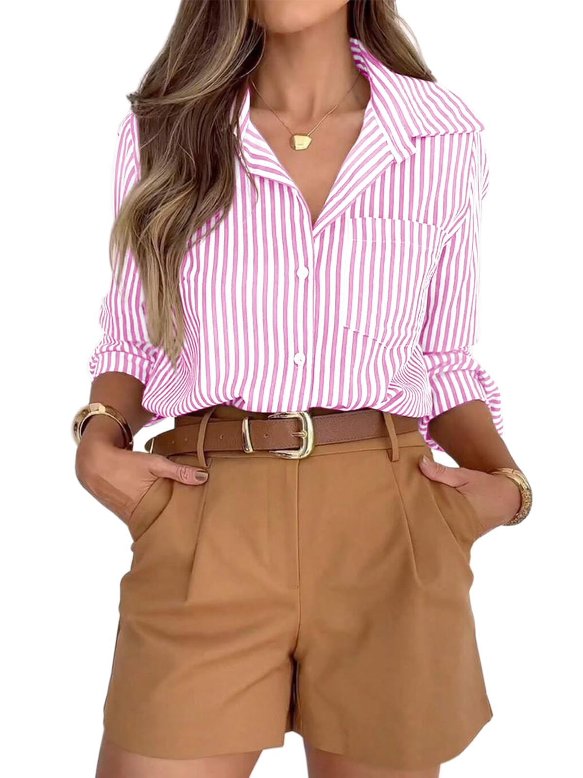 Striped Button-Down Long Sleeve Collared Work Shirt