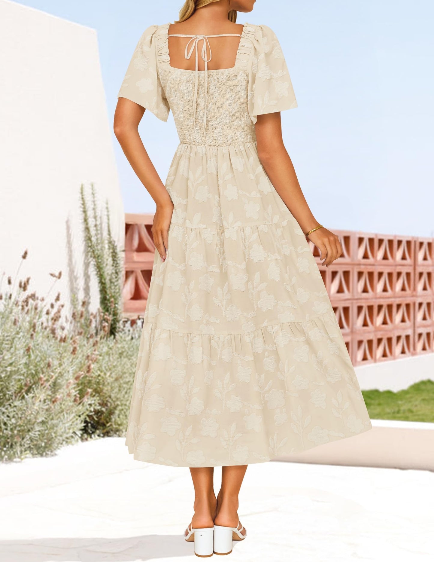 Women's Boho Floral Square Neck Midi Dress