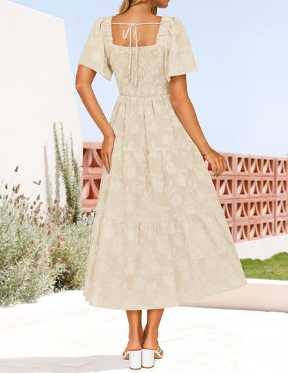 Women's Boho Floral Square Neck Midi Dress