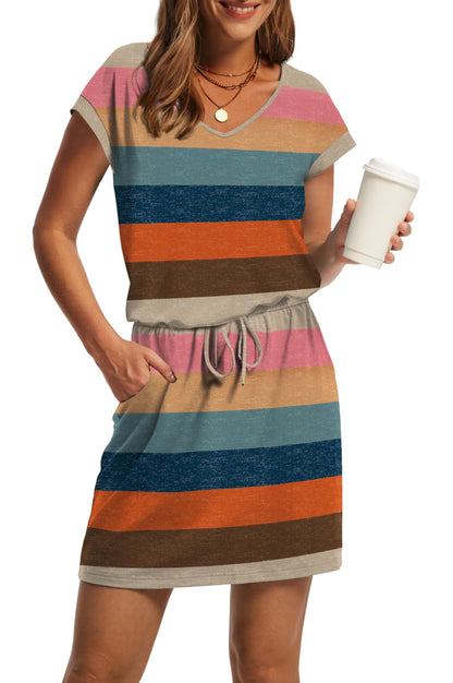 V-Neck Tie Waist Casual Mini Sundress with Pockets