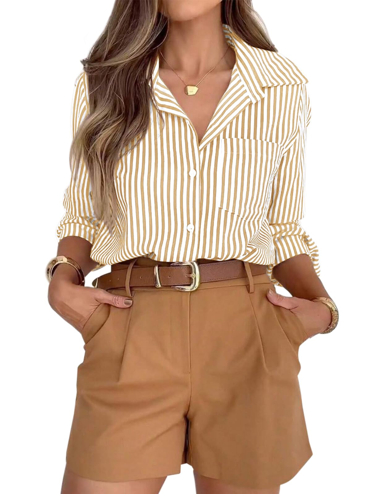 Striped Button-Down Long Sleeve Collared Work Shirt