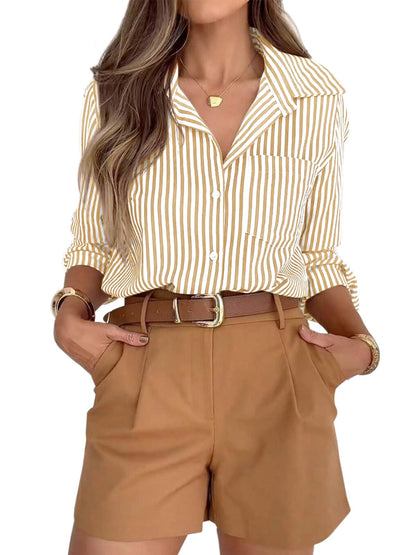 Striped Button-Down Long Sleeve Collared Work Shirt