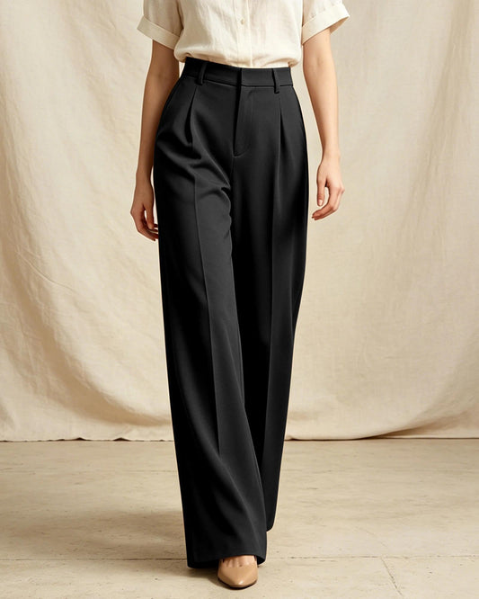 Women's High-Waisted Wide-Leg Work Trousers with Pockets