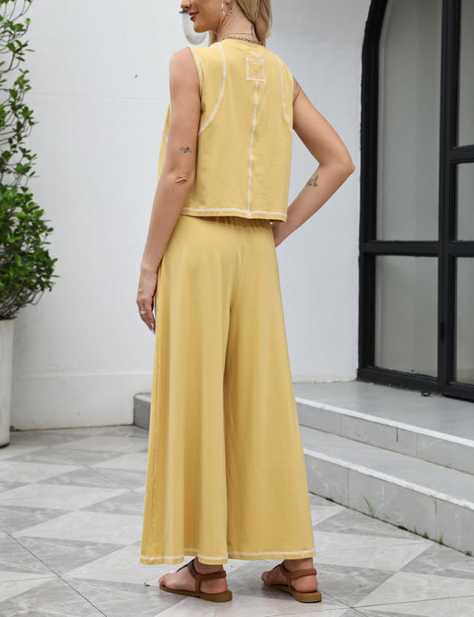 Tank Top Wide Leg Pants Contrast Stitch Lounge Set