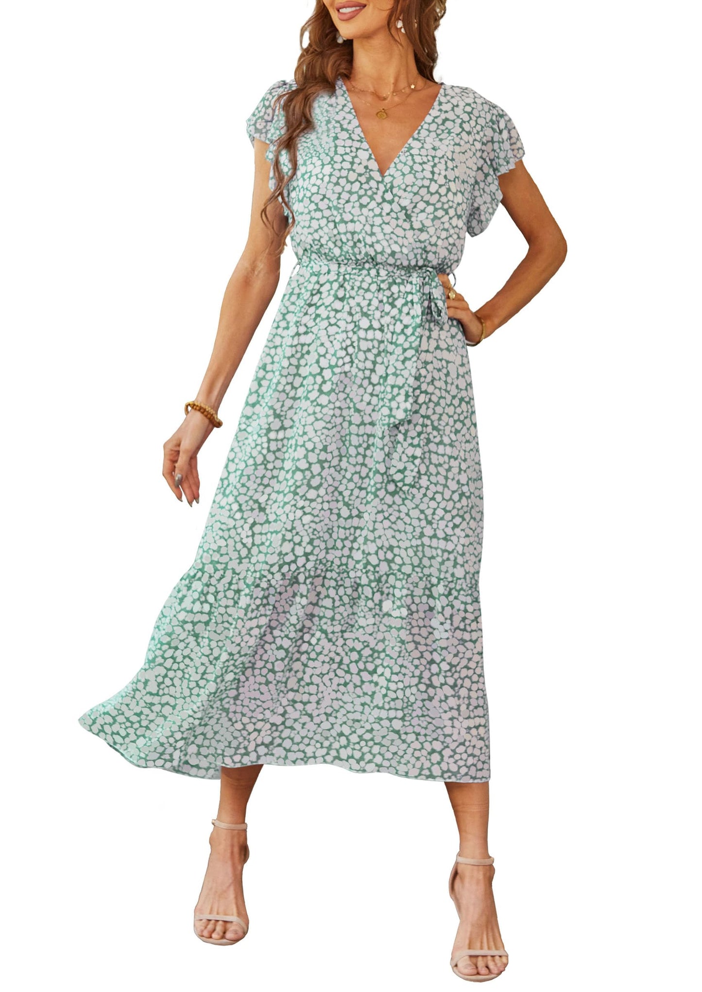 Women's Floral Wrap V-Neck Ruffle Boho Maxi Dress