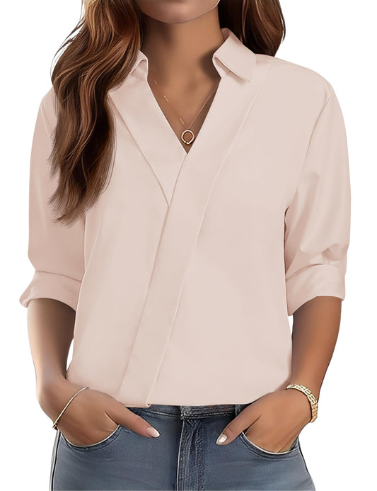 3/4 Sleeve V-Neck Collared Business Casual Blouse