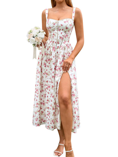 Women's Floral Corset Midi Dress with Slit and Pockets