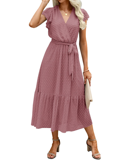 Women's Bohemian Floral Wrap V-Neck A-Line Midi Dress