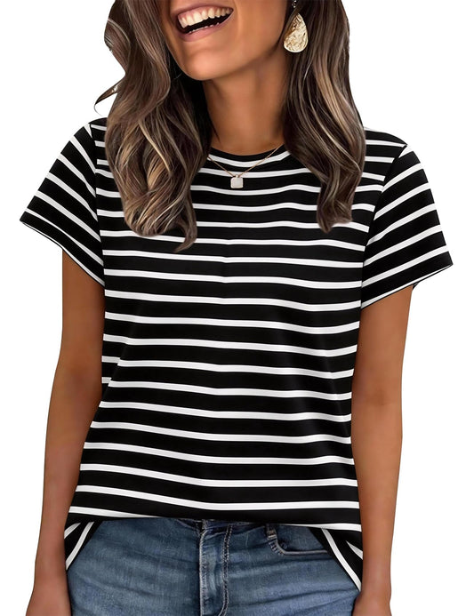 Cotton Striped Short Sleeve Crew Neck Casual T-Shirt