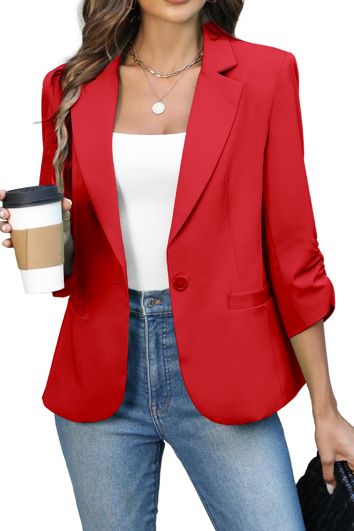 Women's Ruched 3/4 Sleeve Slim Fit Blazer Jacket