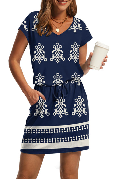 V-Neck Tie Waist Casual Mini Sundress with Pockets