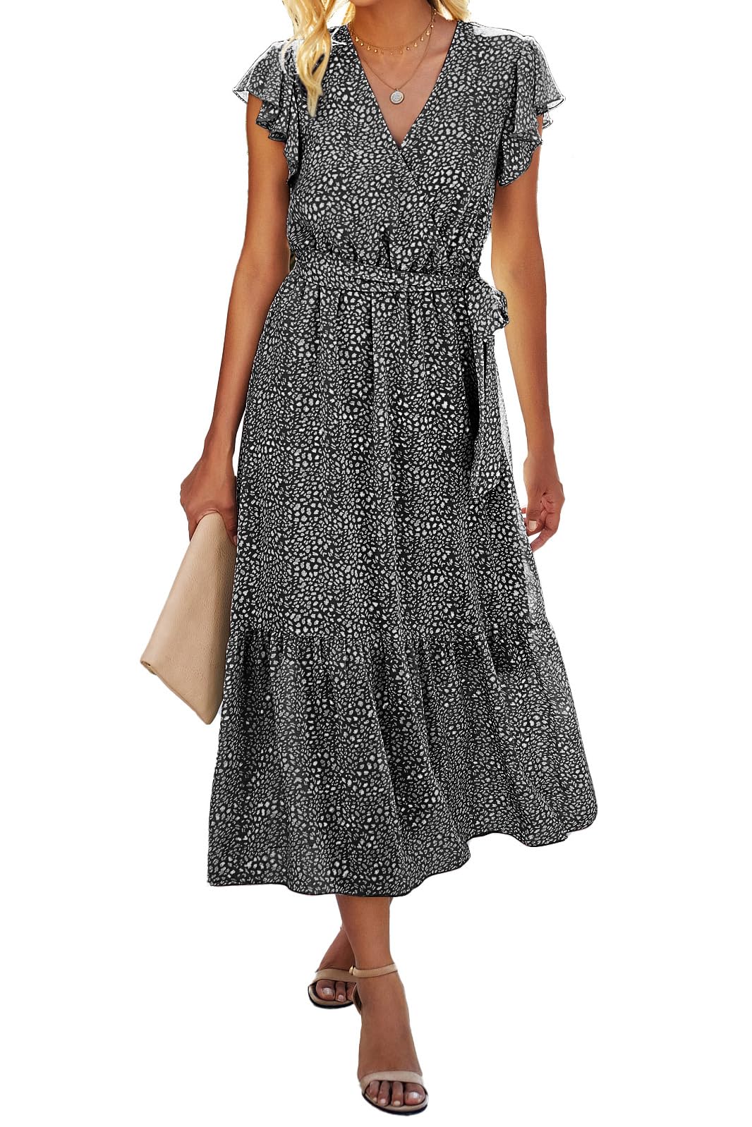 Women's Bohemian Floral Wrap V-Neck A-Line Midi Dress